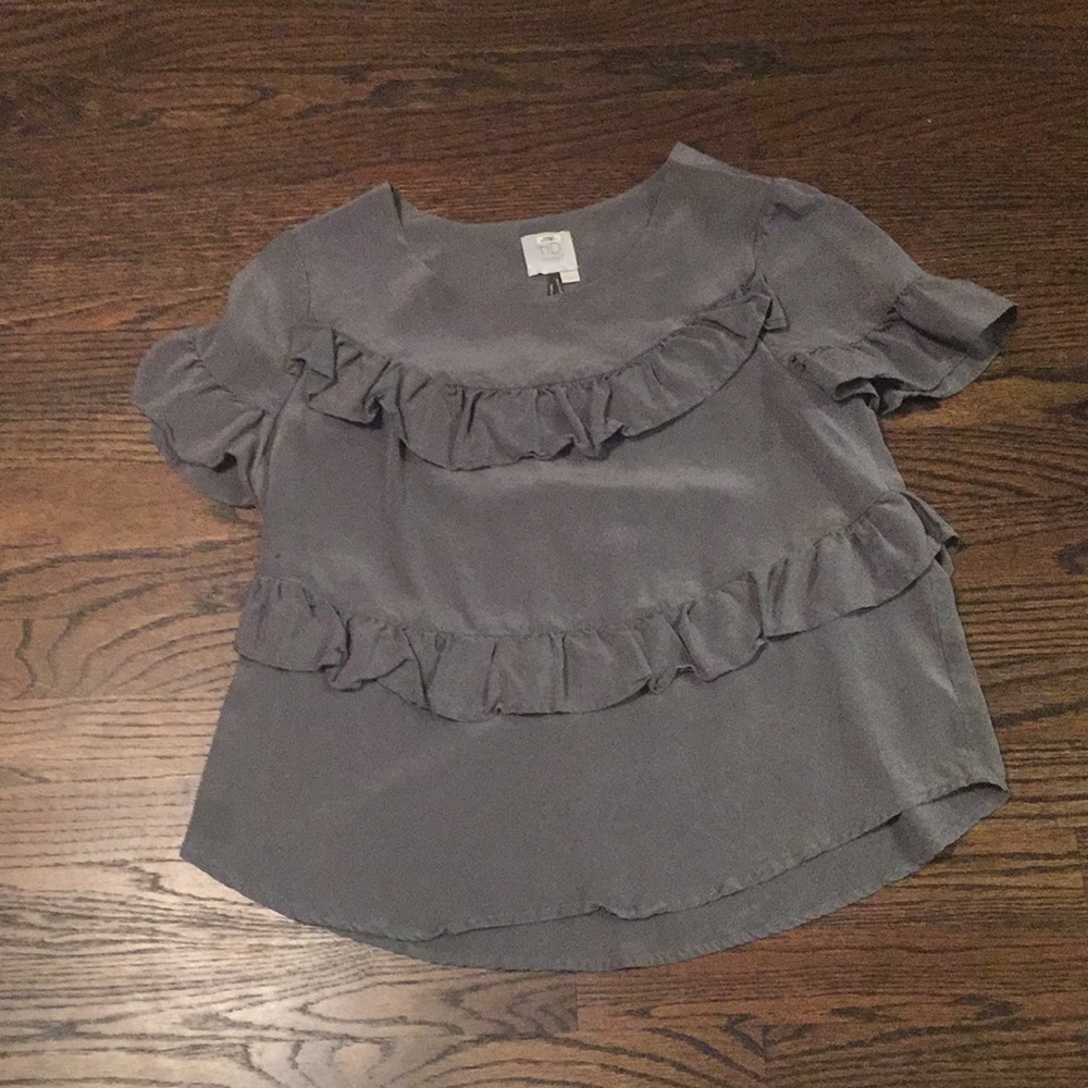 100% Silk Anthropologie Grey Ruffled Blouse